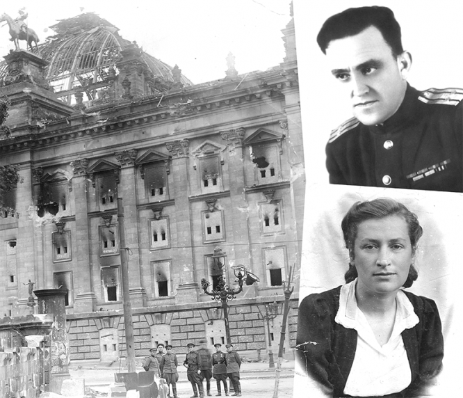 Отец с сослуживцами у Рейхстага. Май 1945 г. (слева). Лесины Константин Корнеевич и Галина Ильинична прошли всю войну (справа)